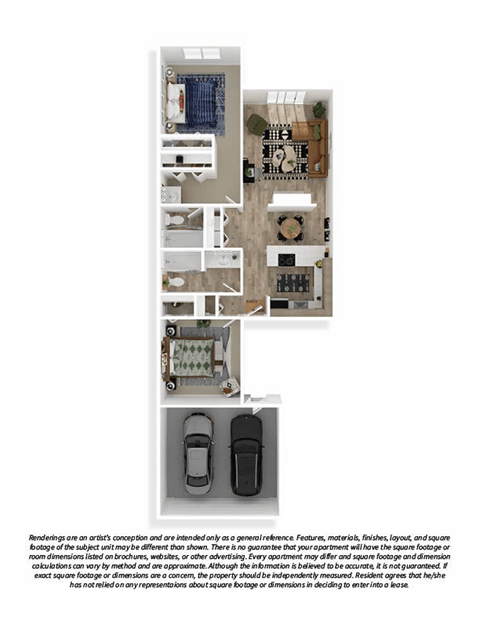 Floor plan for 2 beds, 2 baths, 1162 sqft